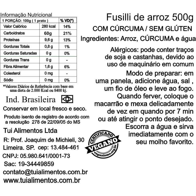 Macarrão de Arroz Fusilli Com Cúrcuma 500 g